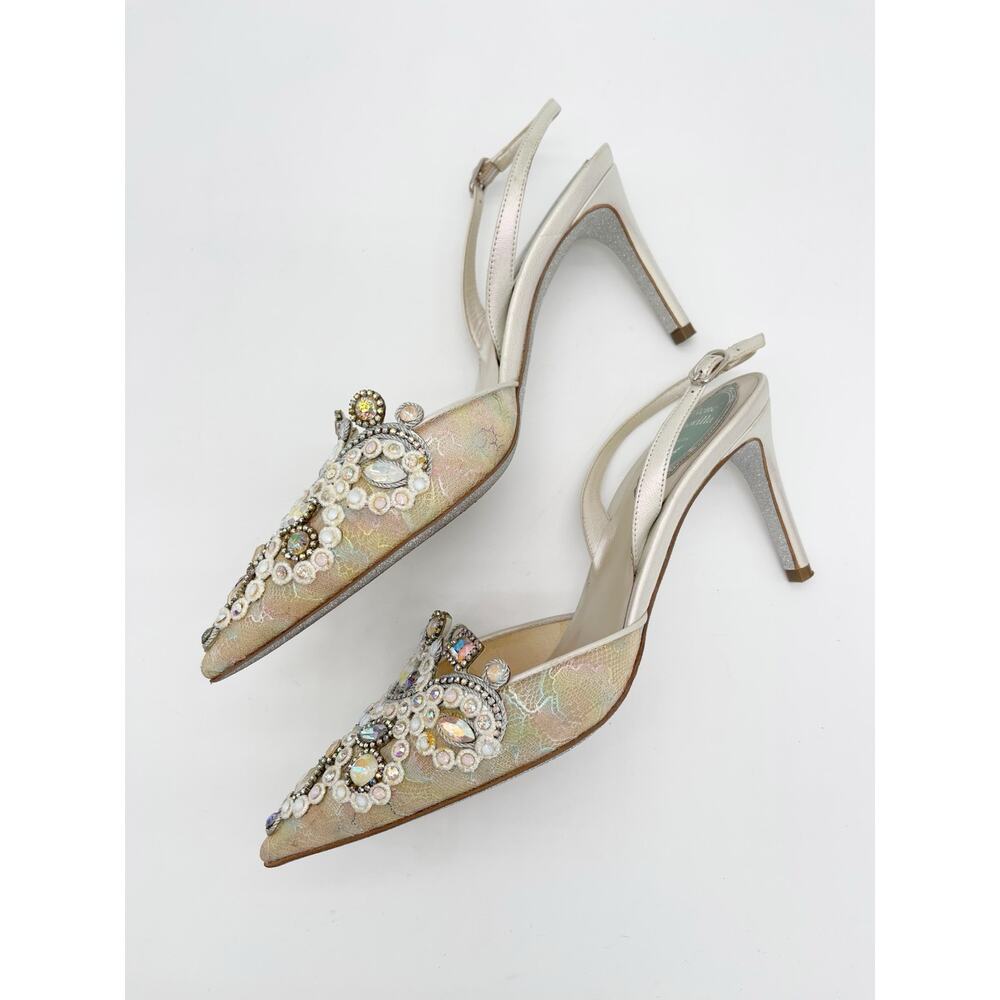 René Caovilla Veneziana Iridescent Shimmer Lace Crystal Slingback Heels IT 38 - Picture 5 of 16